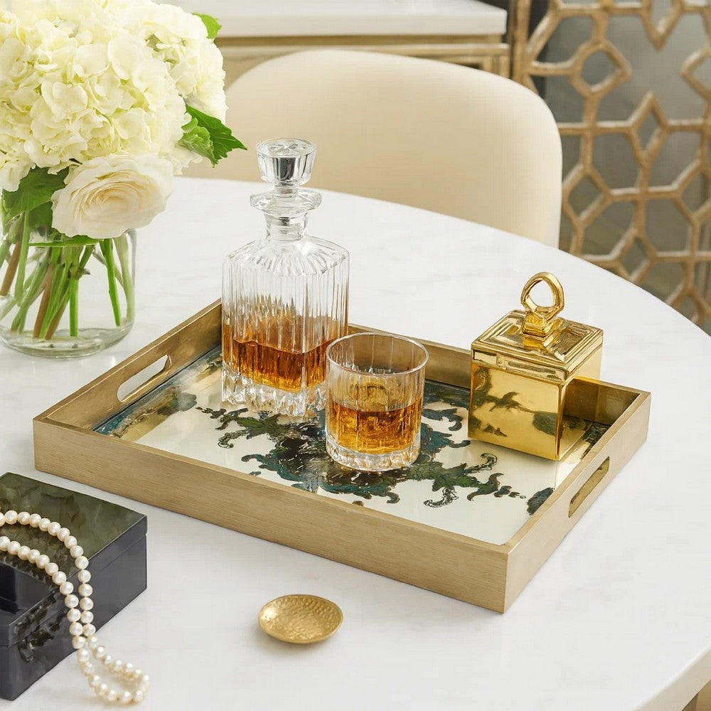 Miki Tray | 18" | Decorative | Mirrored Damask | Gold Finish