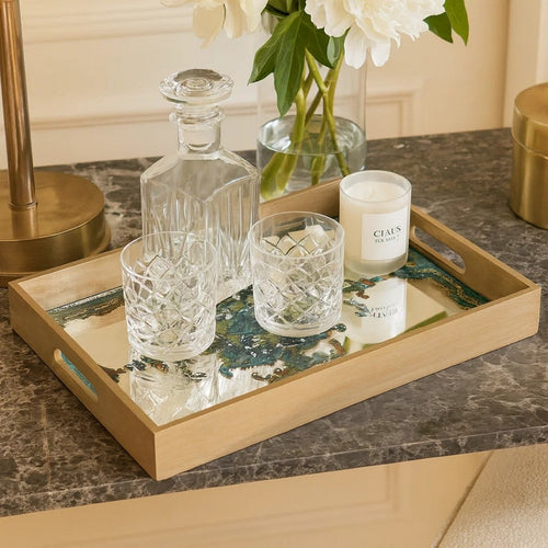 Miki Tray | 18" | Decorative | Mirrored Damask | Gold Finish