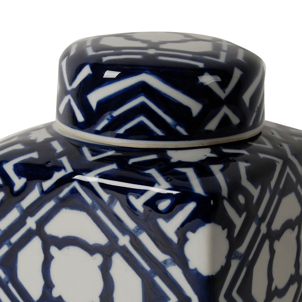 10 Inch Lidded Jar Porcelain Construction Deep Blue Graphic Trellis By Casagear Home BM285534