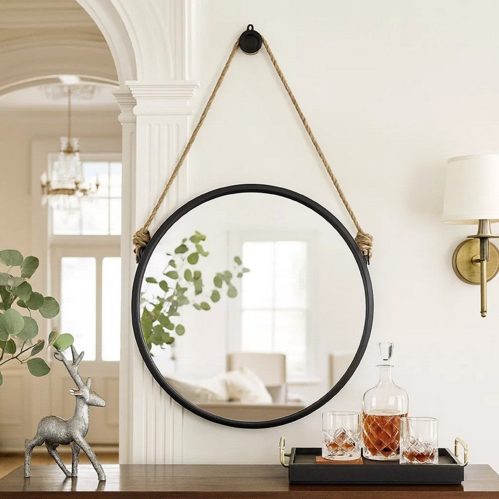 Wall Mirror | 30" | Round Metal Frame | Rope Hanger | Black