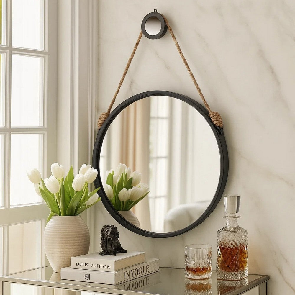 Wall Mirror | 30" | Round Metal Frame | Rope Hanger | Black