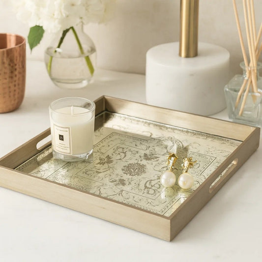 Miki Tray | 20" | Square | Mirrored Floral Pattern | Gold