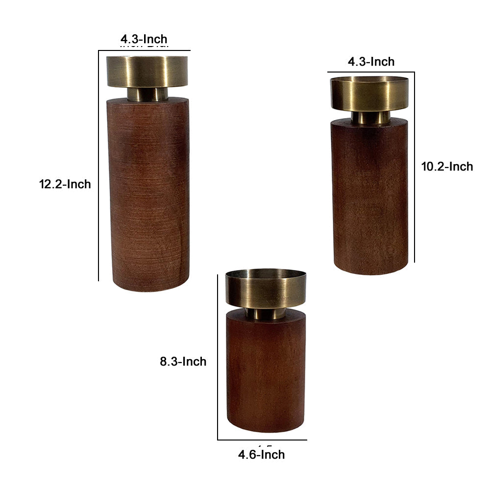 12 10 8 Inch Mango Wood Candle Holders with Round Column Pedestals Brown By Casagear Home BM285547