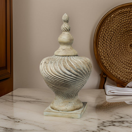 22 Inch Lidded Vase with Turned Finial Design and Swirl Pattern, White By Casagear Home