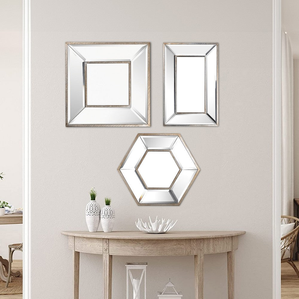 18, 14, 11 Inch Modern Accent Wall Mirror, Set of 3 Varied Shapes, Silver By Casagear Home