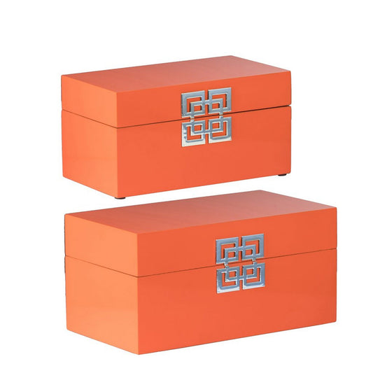 Neo 14, 11 Inch Set of 2 Decorative Boxes, Geometric Metal Accents, Orange By Casagear Home
