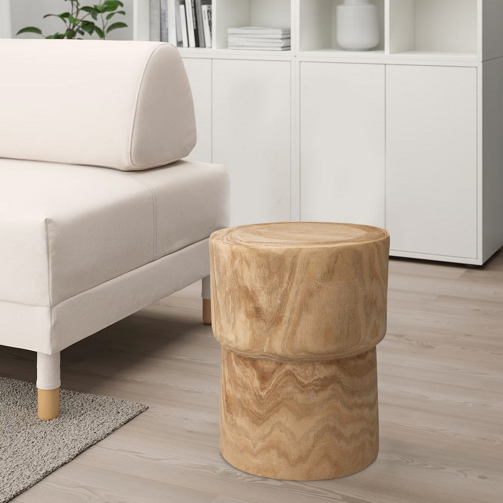 18 Inch Modern Side End Table, Round Surface, Paulownia Wood, Natural