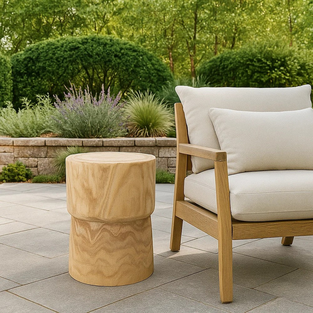 18 Inch Modern Side End Table, Round Surface, Paulownia Wood, Natural