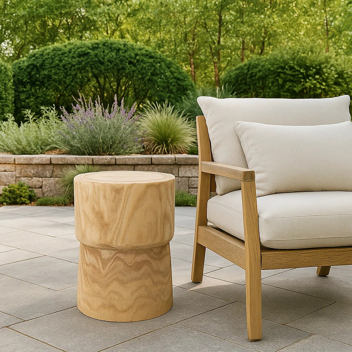 18 Inch Modern Side End Table, Round Surface, Paulownia Wood, Natural