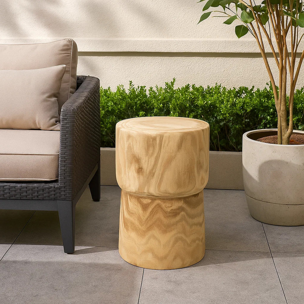18 Inch Modern Side End Table, Round Surface, Paulownia Wood, Natural