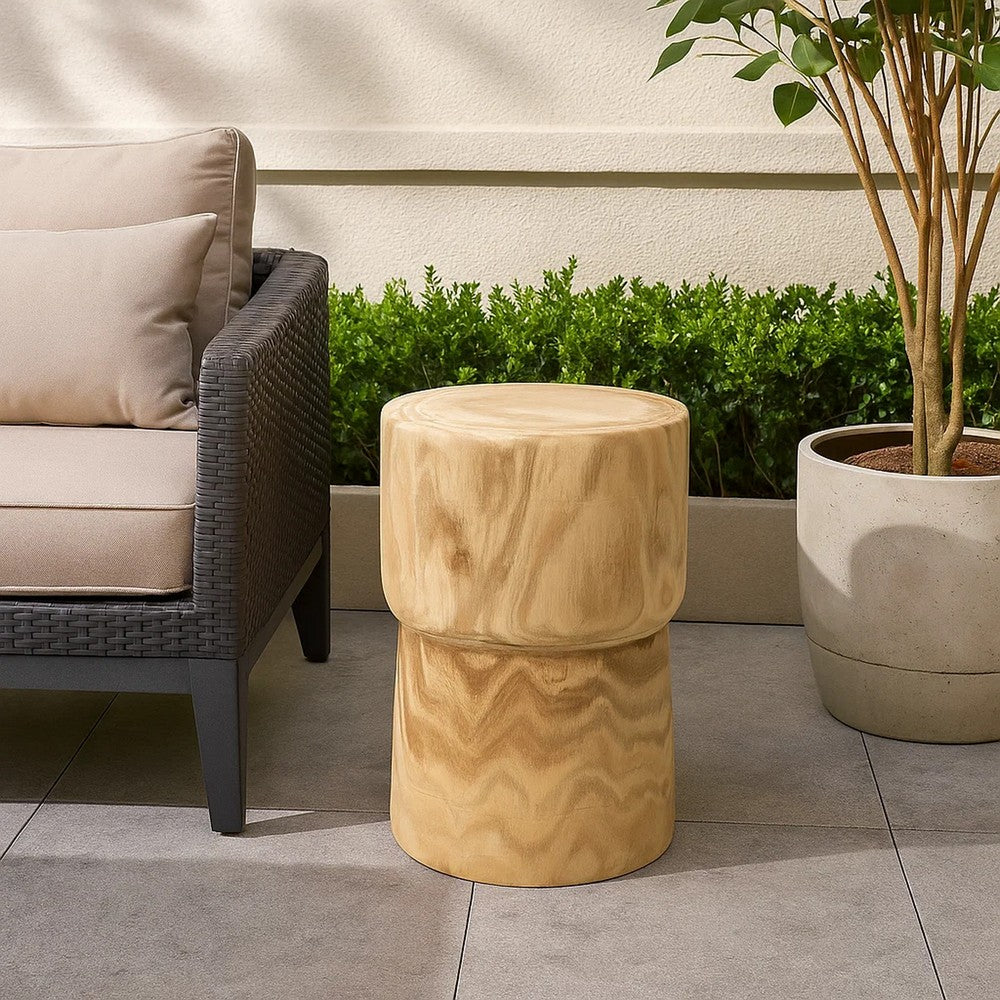 18 Inch Modern Side End Table, Round Surface, Paulownia Wood, Natural