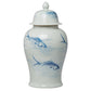 19 Inch Ginger Jar Lidded Painted Blue Koi Fish Over White Porcelain By Casagear Home BM285885