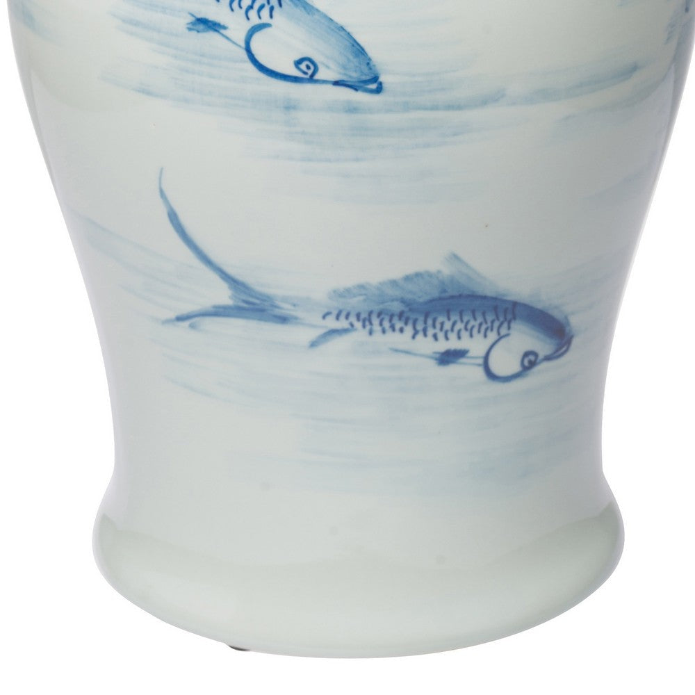 19 Inch Ginger Jar Lidded Painted Blue Koi Fish Over White Porcelain By Casagear Home BM285885