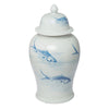 19 Inch Ginger Jar Lidded Painted Blue Koi Fish Over White Porcelain By Casagear Home BM285885