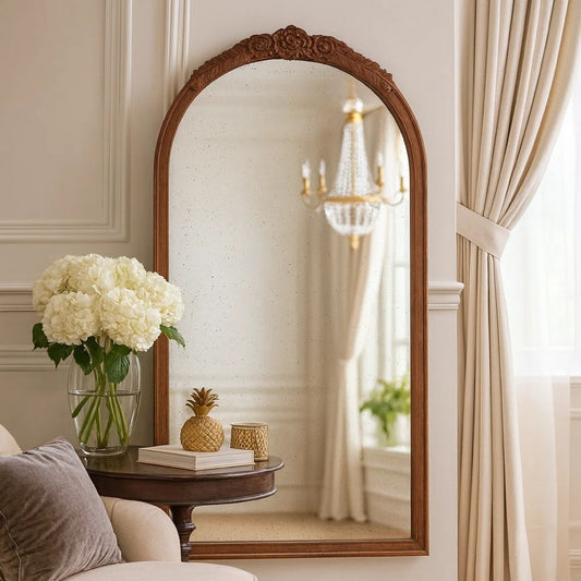 Eel Wall Mirror | 42" | Arched Wood Frame | Rose Accent | Brown