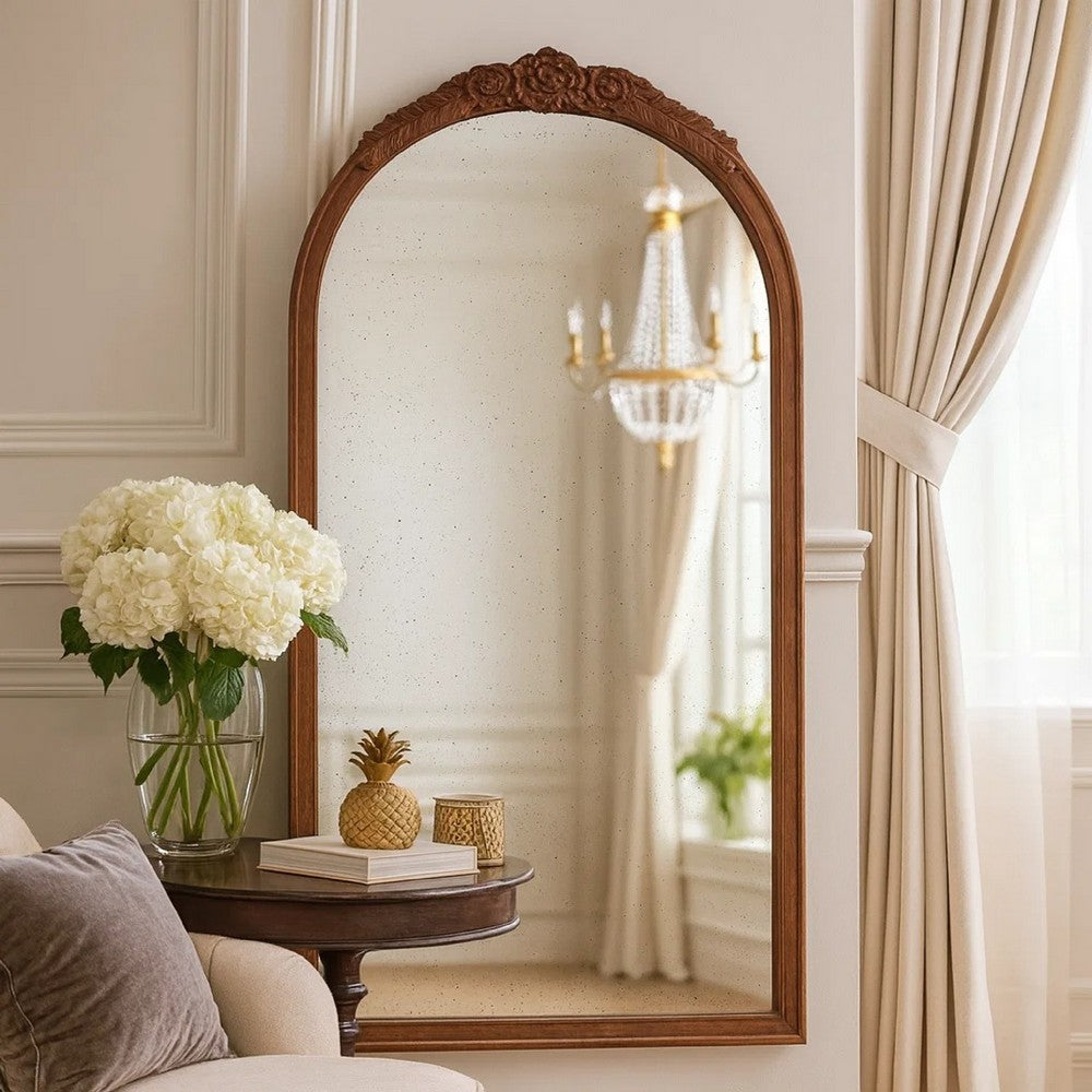 Eel Wall Mirror | 42" | Arched Wood Frame | Rose Accent | Brown