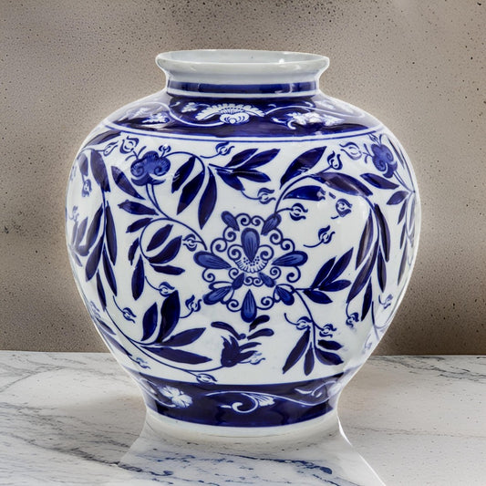 9 Inch Porcelain Vase, Blue Persian Print, Curved Shape, Flared Opening By Casagear Home