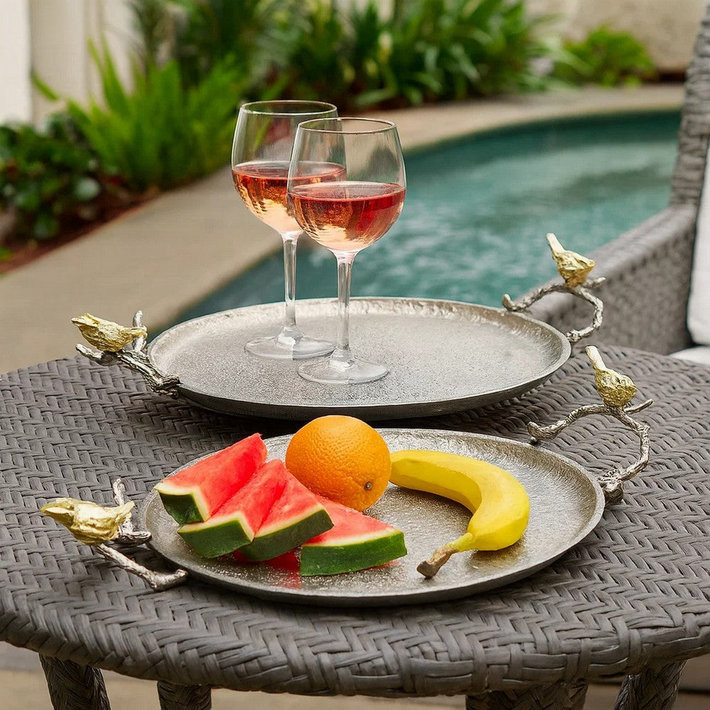 Decorative Tray Set | 21" | Perched Birds | Silver Metal | Set of 2