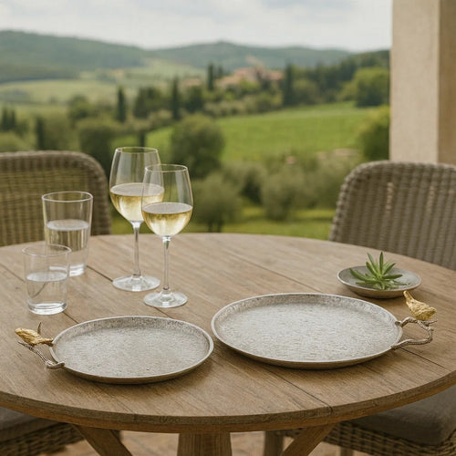 Decorative Tray Set | 21" | Perched Birds | Silver Metal | Set of 2