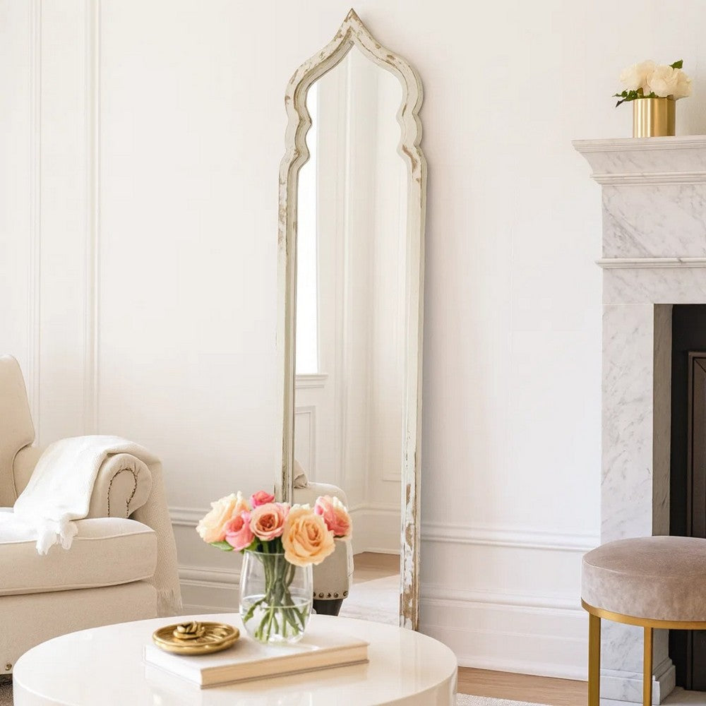 Floor Mirror | 73" | Ornate Top | Fir Wood | Weathered White