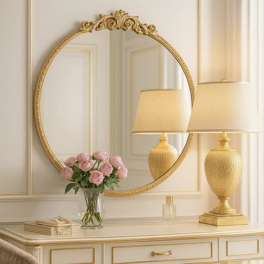 Kea Wall Mirror | 32" | Round Vintage | Gold Metal Baroque Frame