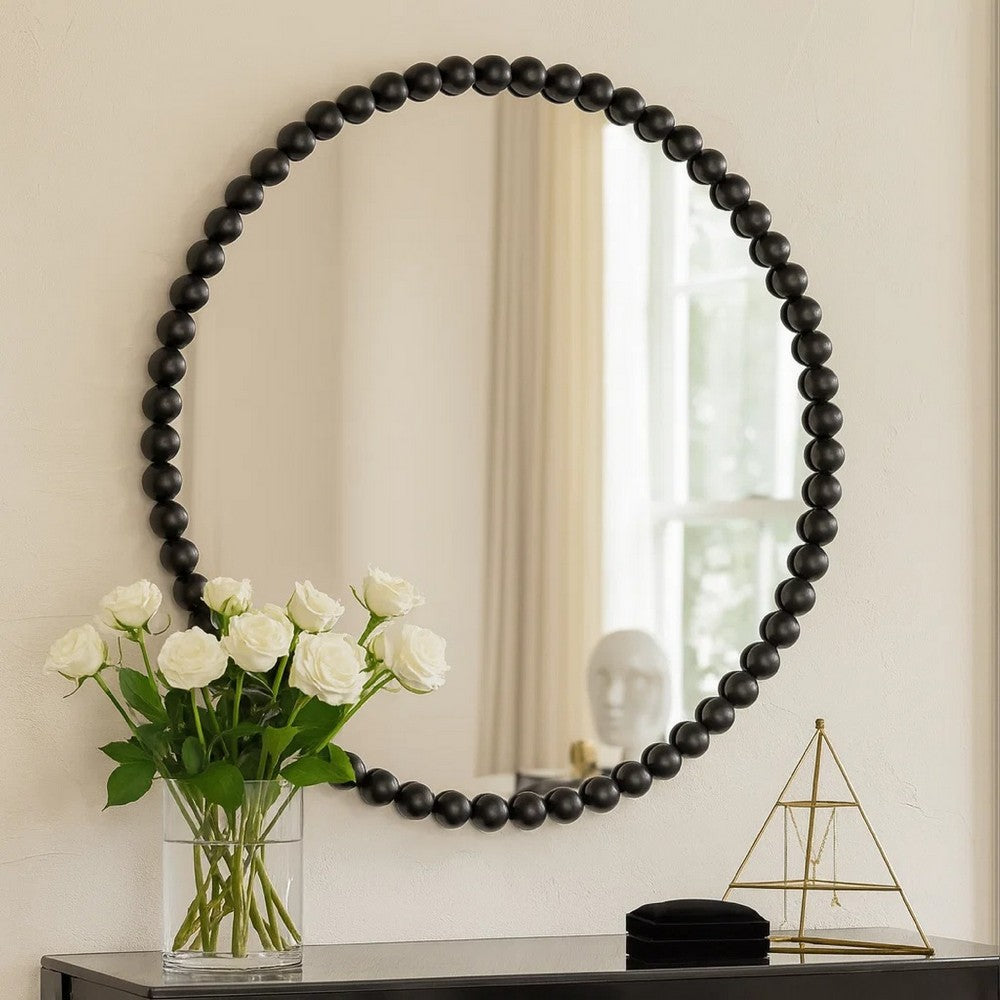Emu Wall Mirror | 32" | Round | Beaded Black Metal Accent