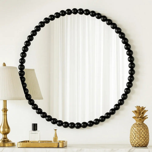 Emu Wall Mirror | 32" | Round | Beaded Black Metal Accent