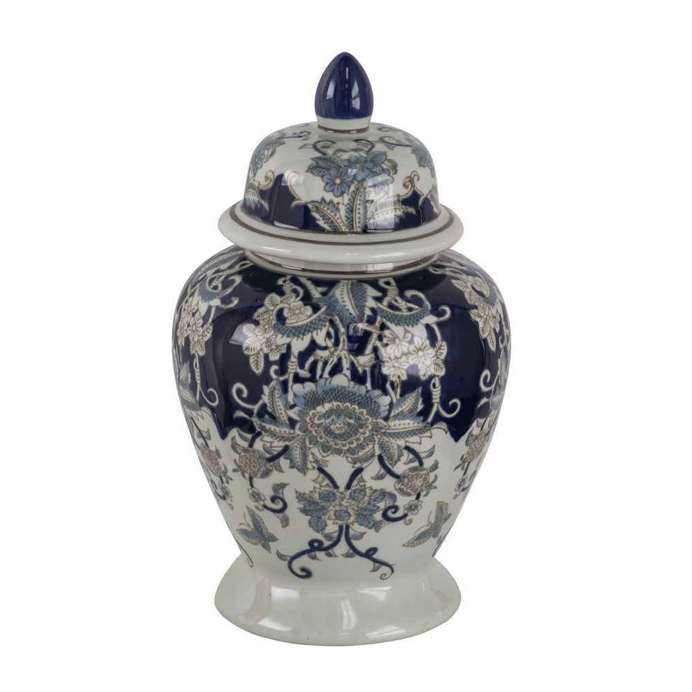 17 Inch Porcelain Ginger Jar with Lid Vintage Blue and White Flower Design By Casagear Home BM285943