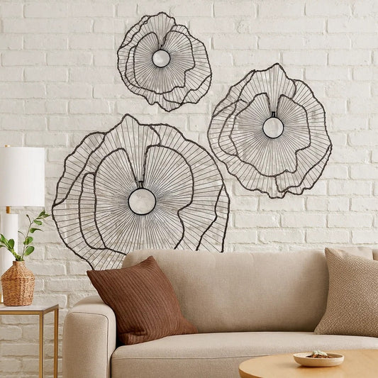 Metal Flowers | Set of 3 | 30", 24", 18" | Wall Decor | Black Gold