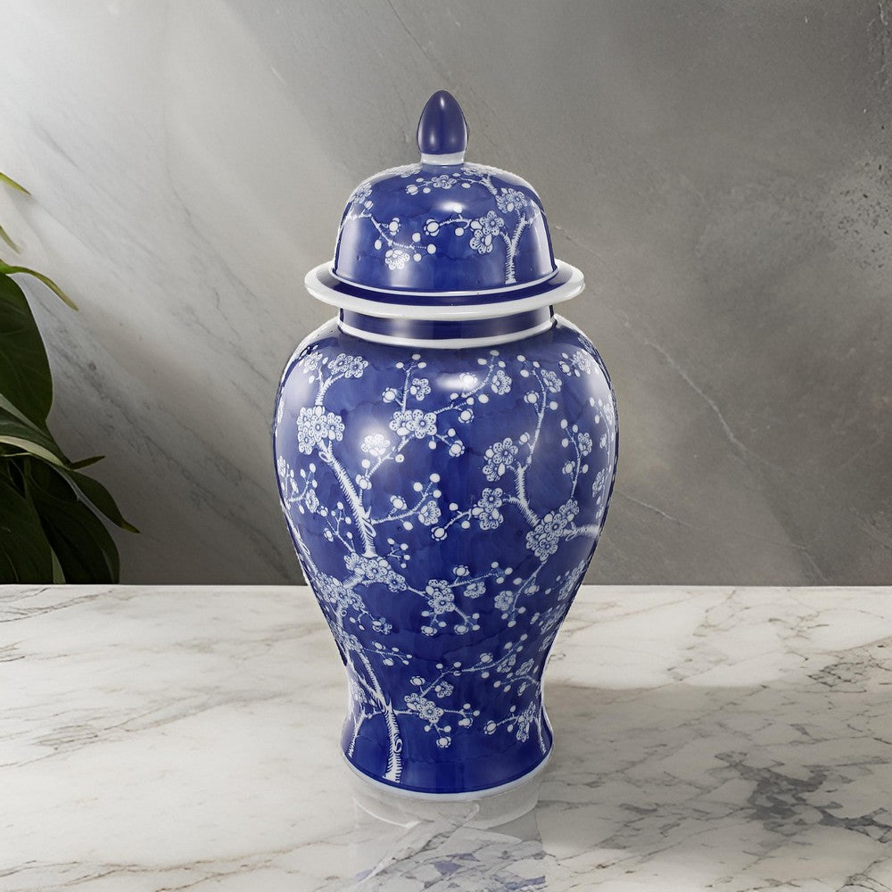 18 Inch Porcelain Ginger Jar, Finial Lid and Round Curved, Blue Flowers By Casagear Home