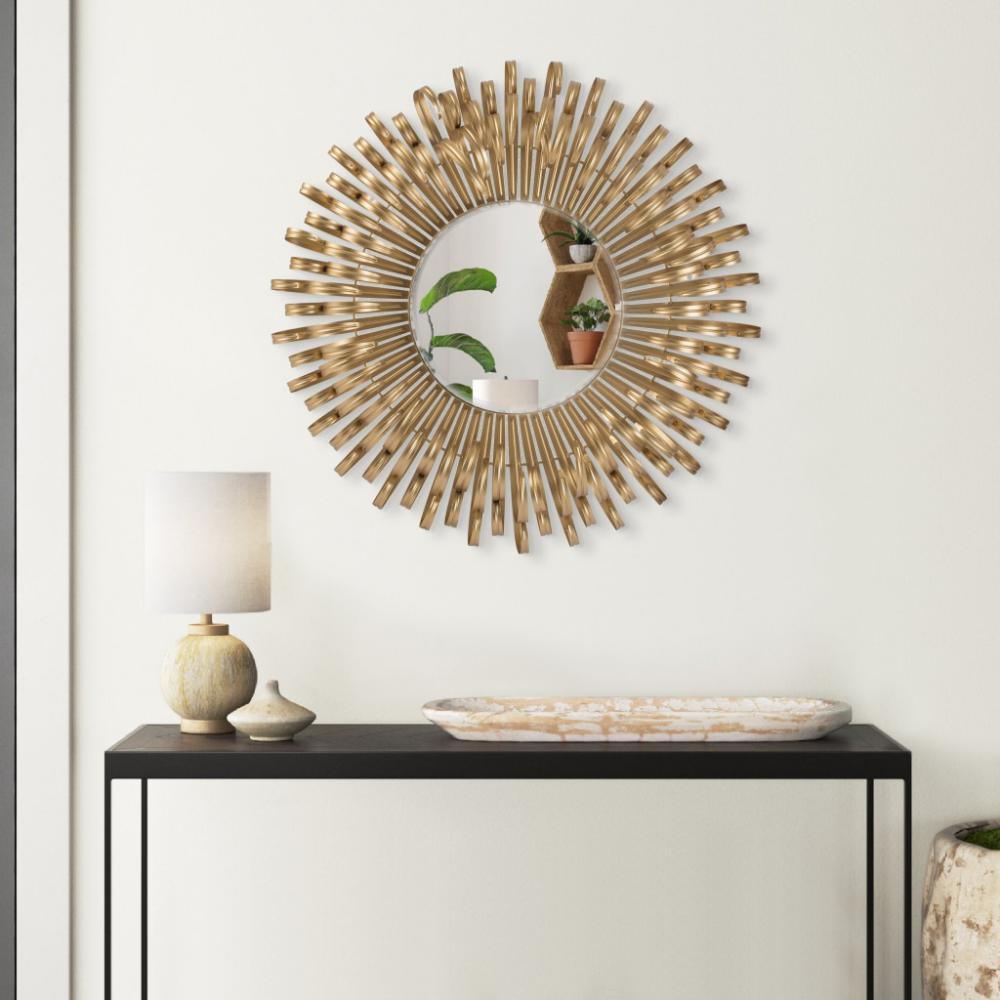 27 Inch Round Wall Mount Accent Decor Mirror, Sunburst, Iron Frame, Gold By Casagear Home