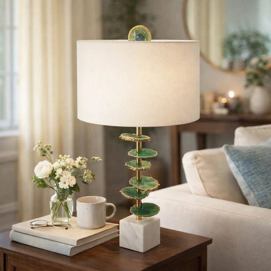 Parks Table Lamp | 30" | Agate Slices | Linen Shade | White