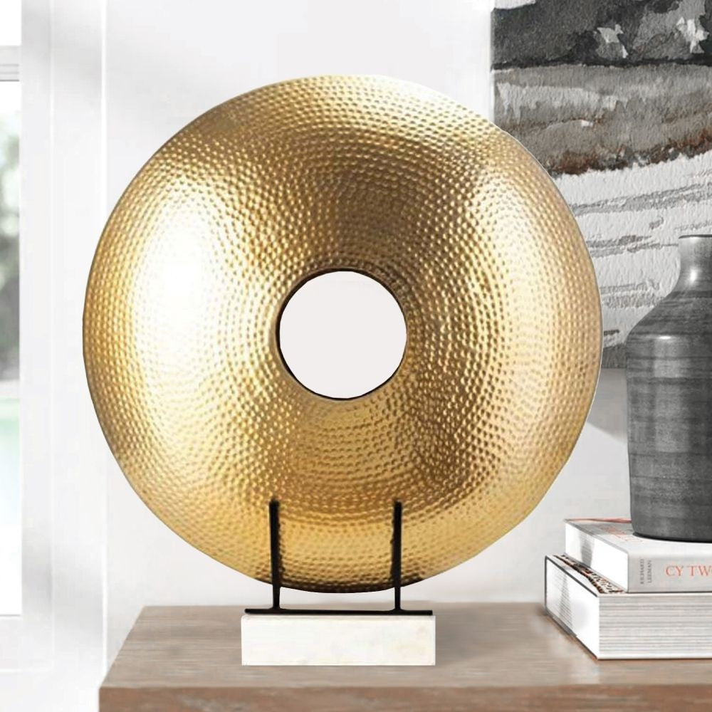 22 Inch Round Statuette, Tabletop Decor, Gold Disk, White Marble Base By Casagear Home