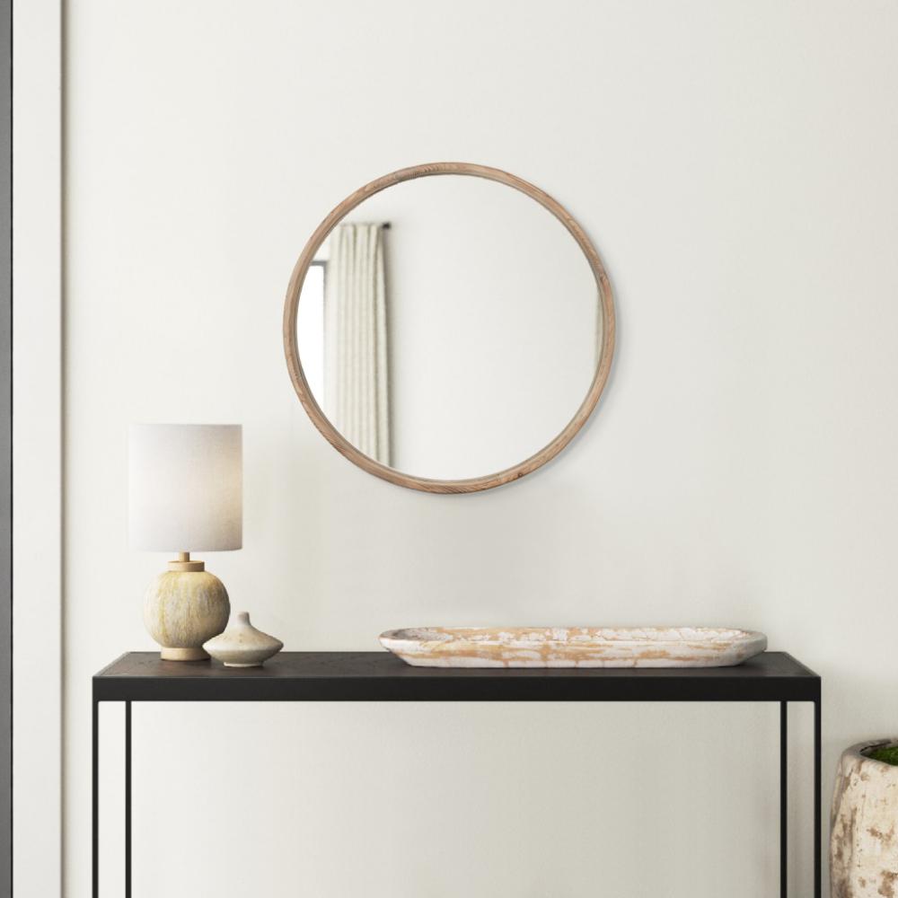 28 Inch Round Wall Mount Accent Mirror, Natural Fir Wood with Subtle Grains By Casagear Home