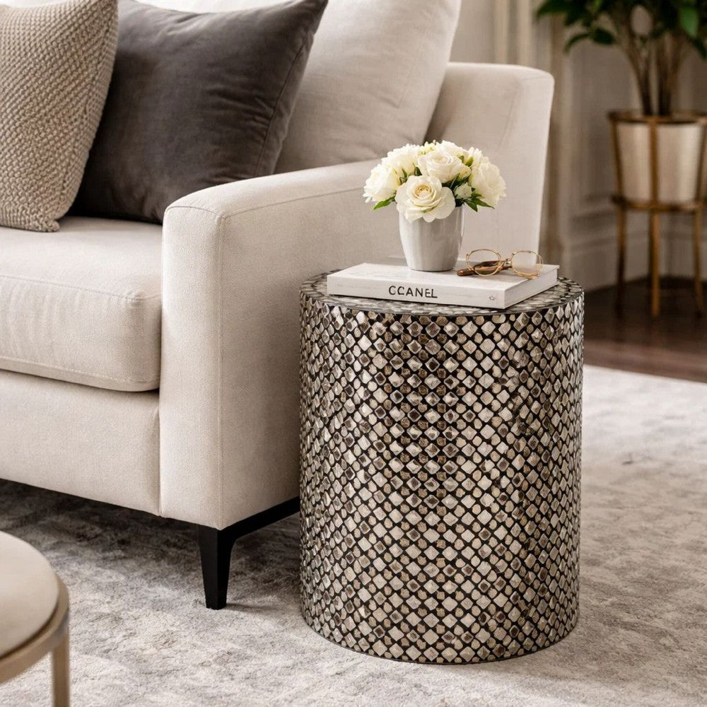 Capiz Stool Table | 20" | Cylindrical | Silver Black Geometric