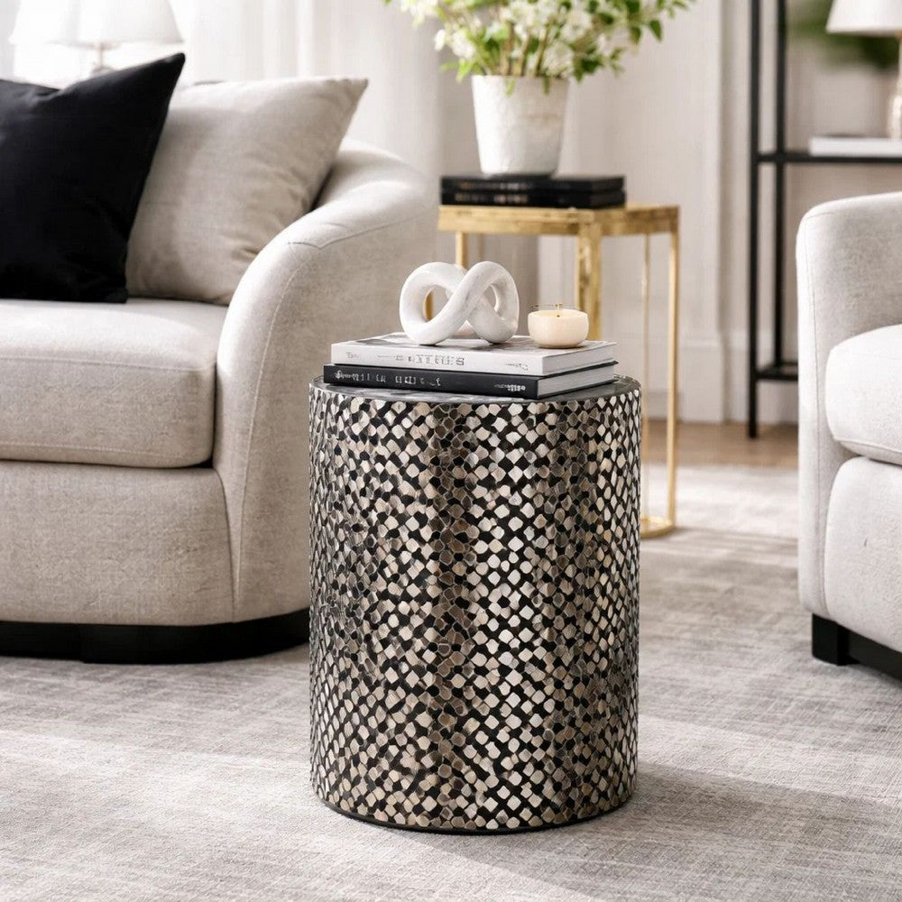 Capiz Stool Table | 20" | Cylindrical | Silver Black Geometric