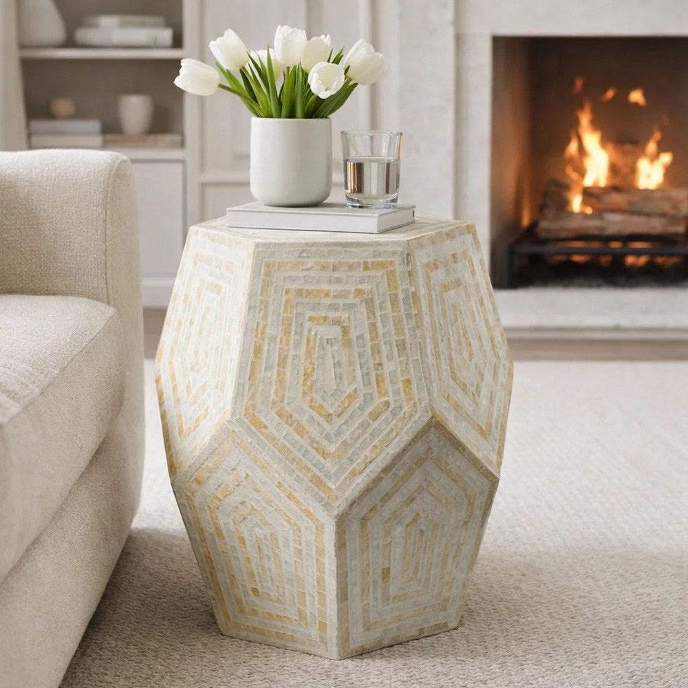 Capiz Stool Table | 21" | Hexagonal Drum | Beige White