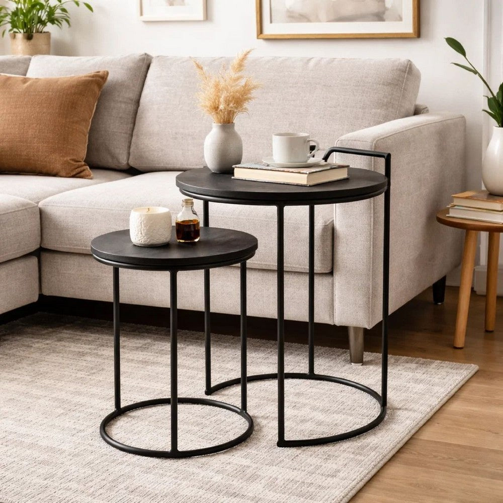 Nesting Tables | 18", 22" | Round | Mango Wood | Black | Set of 2