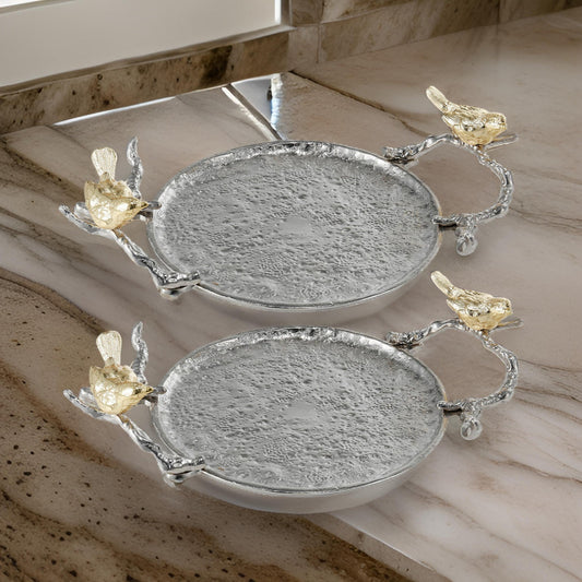 14 Inch Small Decorative Tray Set of 2 Perched Birds Silver Metal Frame By Casagear Home BM286142