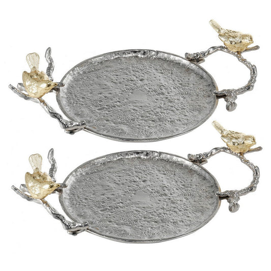 Decorative Tray Set | 14" | Perched Birds | Silver Metal