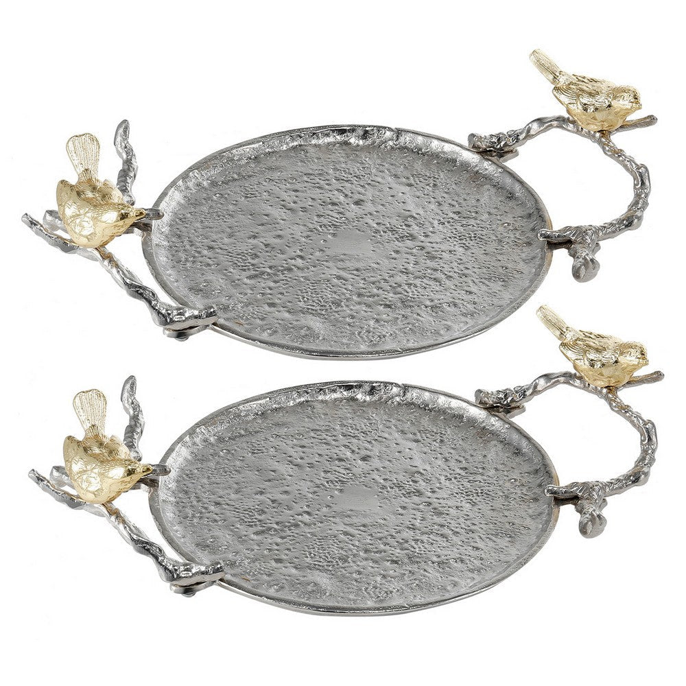 Decorative Tray Set | 14" | Perched Birds | Silver Metal