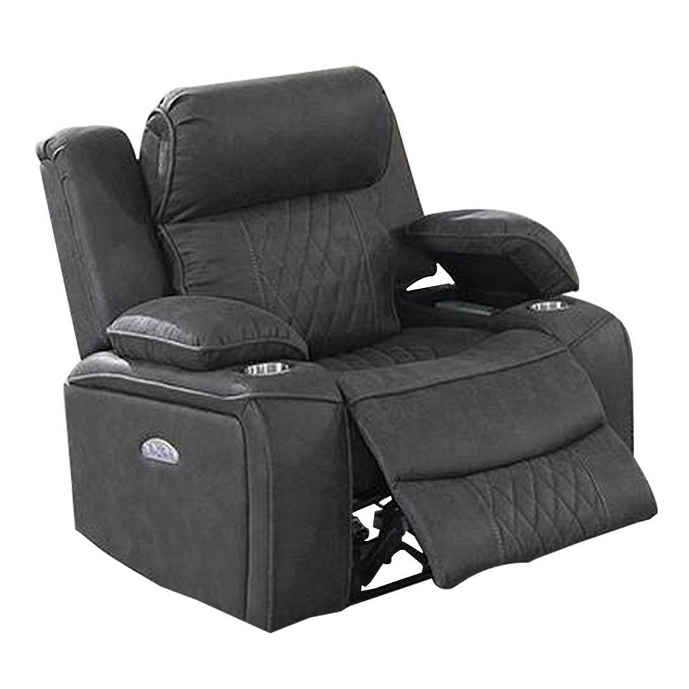 Xiu 38 Inch Power Recliner Chair USB Port Storage Gray Faux Leather By Casagear Home BM286285