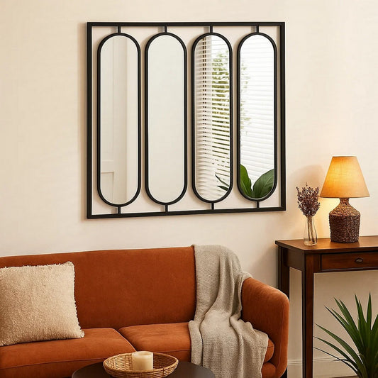 Wall Decor | 36" | 4 Swiveling Oblong Mirrors | Black Metal Frame