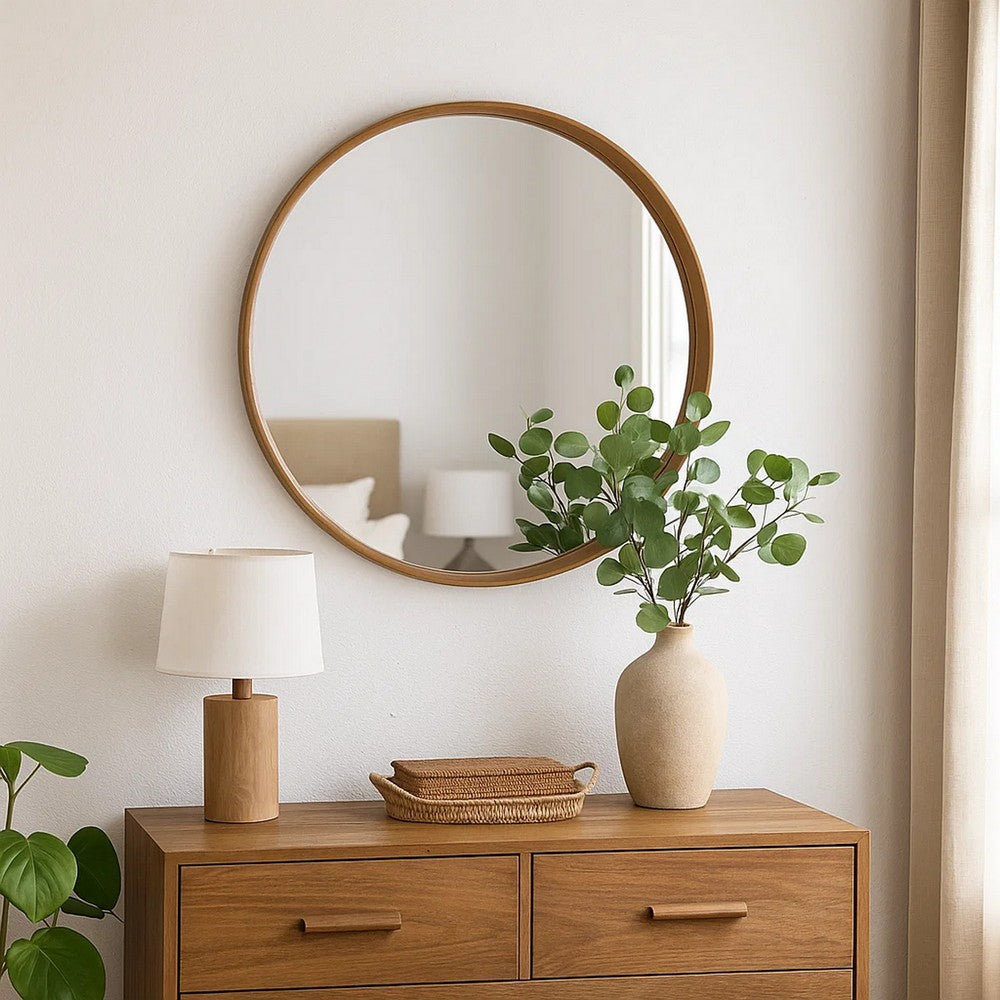 Roe Wall Mirror | 40" Round | Brown Pine Wood Frame | Wall Mount