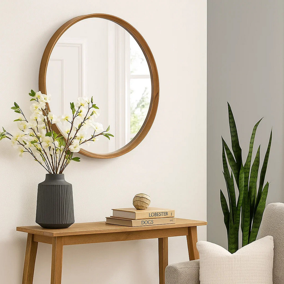 Roe Wall Mirror | 40" Round | Brown Pine Wood Frame | Wall Mount