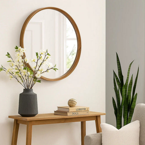 Roe Wall Mirror | 40" Round | Brown Pine Wood Frame | Wall Mount