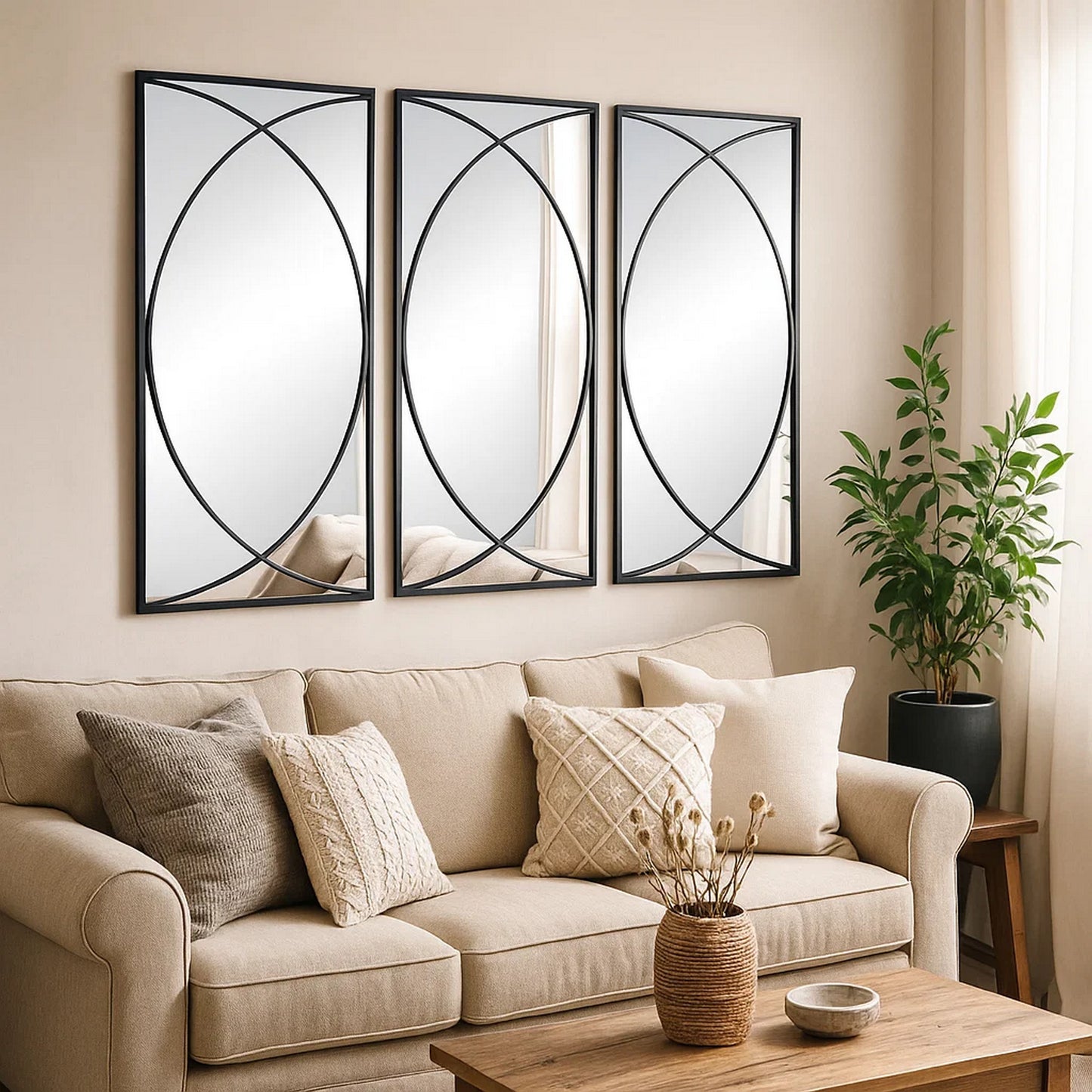 Wall Mirror | 32" | 3 Piece | Concentric Circles | Black Metal Frame