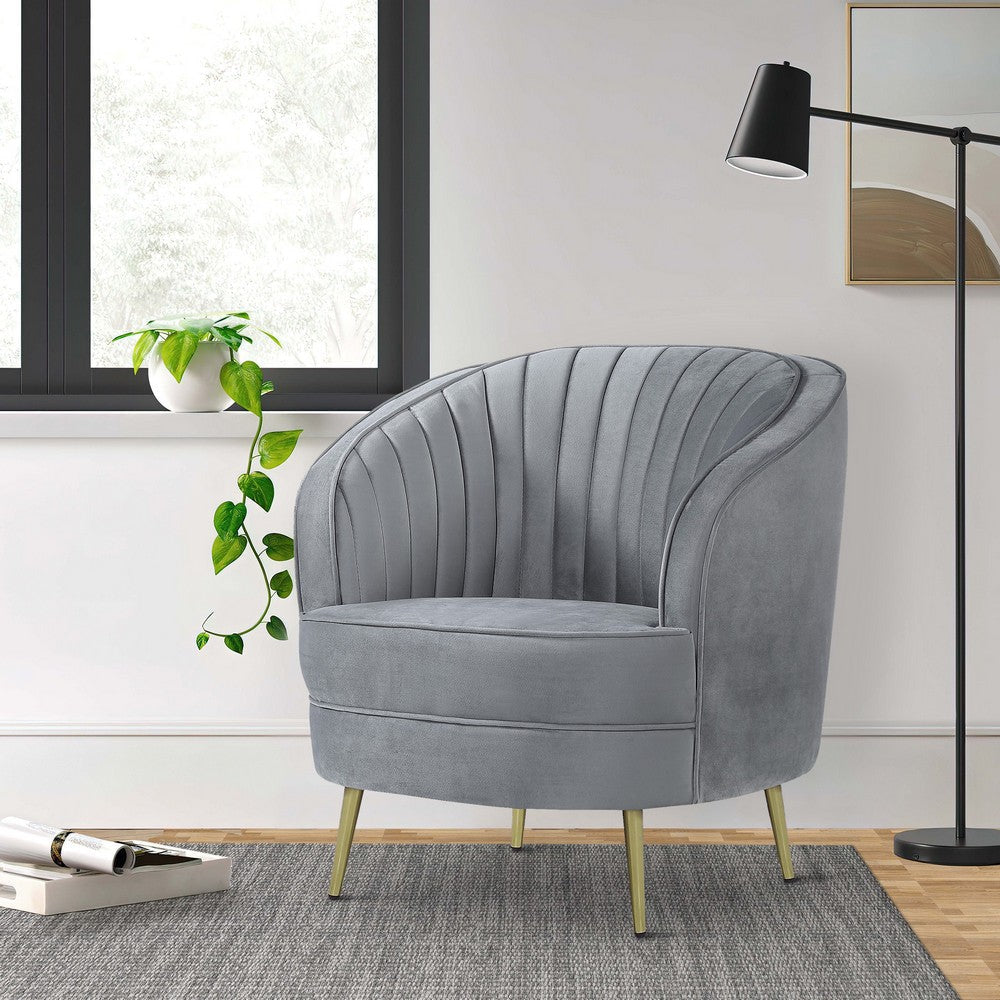 Enzo 31 Inch Retro Accent Chair, Channel Tufted, Bucket Style Back, Gray