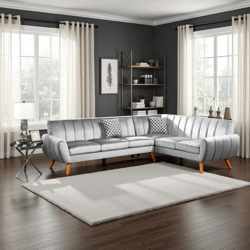 Lynn 2 Piece L Shaped Sectional Sofa, Vertical Tufting, Velvet, Light Gray