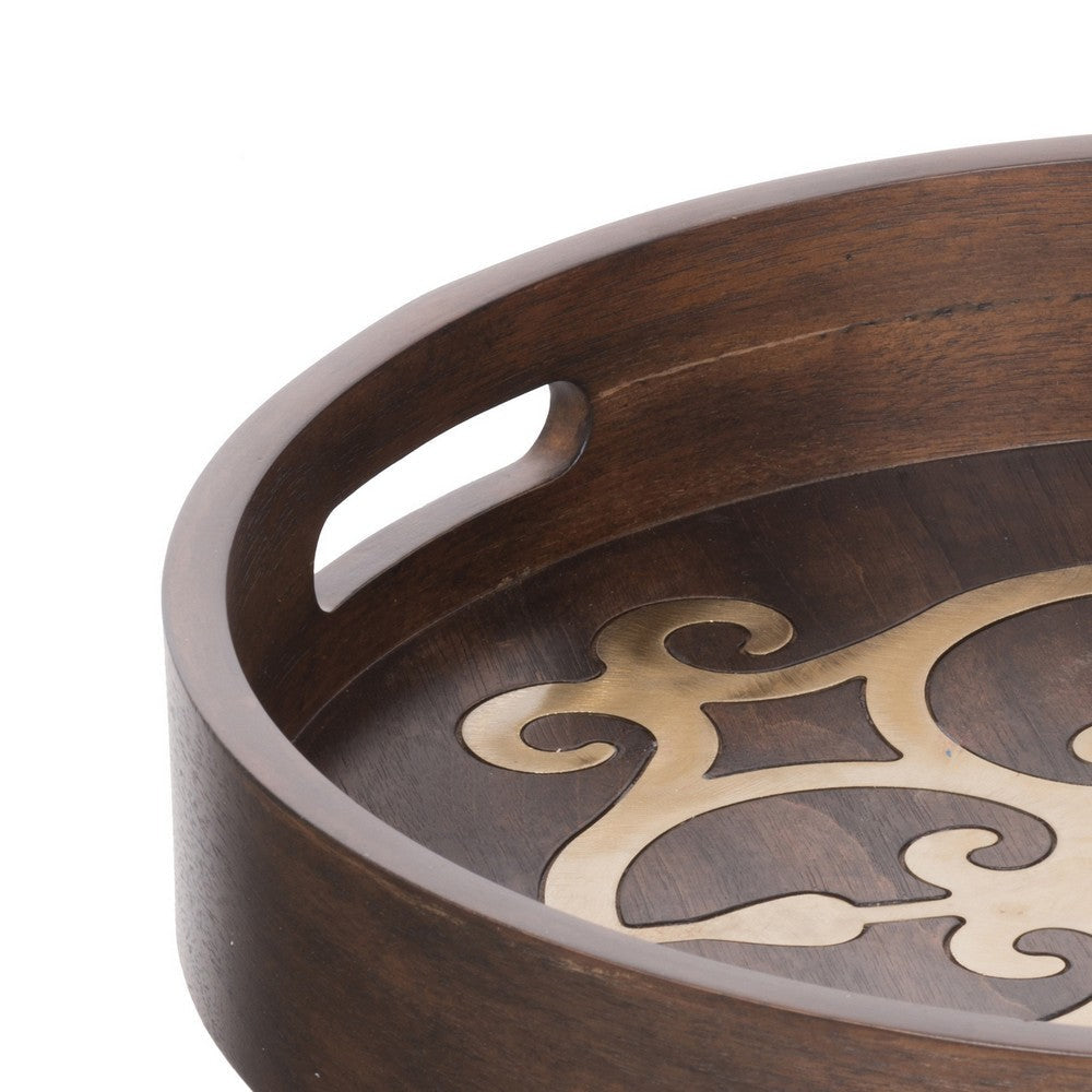 Decorative Tray | 18’’ Round | Brass Inlay | Brown Wood Frame BM286369